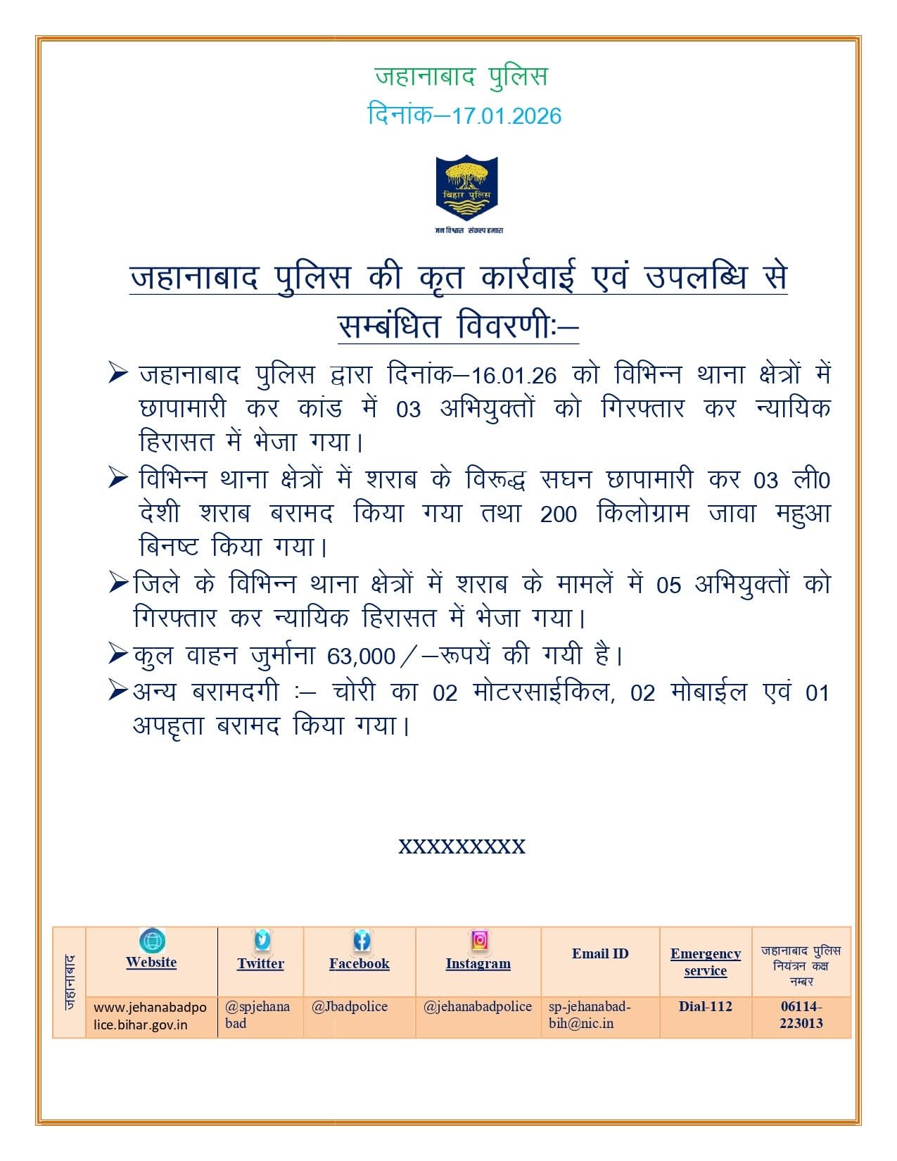 जहानाबाद पुलिस की बड़ी कार्रवाई: 8 गिरफ्तार, शराब की भट्ठियां नष्ट और चोरी की मोटरसाइकिलें बरामद
