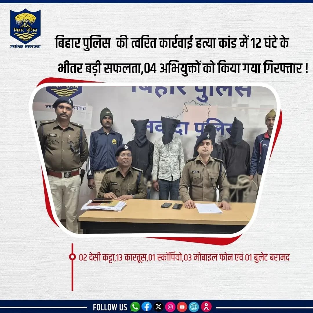 12 घंटे में बिहार पुलिस की बड़ी कामयाबी: हत्या कांड का खुलासा, 4 अभियुक्त गिरफ्तार, त्वरित कार्रवाई से अपराधियों में हड़कंप