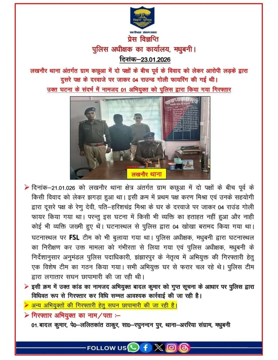 लखनौर थाना क्षेत्र में फायरिंग से फैली सनसनी: ग्राम कछुआ में पूर्व विवाद को लेकर आरोपी ने की 4 राउंड गोलीबारी, नामजद अभियुक्त गिरफ्तार